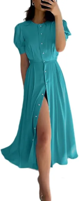 Melliflo Womens 2025 Spring Summer Casual Puff Sleeve Maxi Dress Button Round Neck Flowy Vacation Sundress