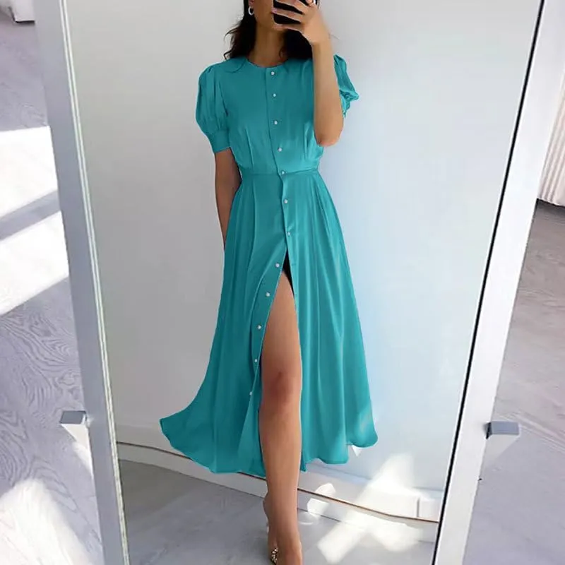 Melliflo Womens 2025 Spring Summer Casual Puff Sleeve Maxi Dress Button Round Neck Flowy Vacation Sundress