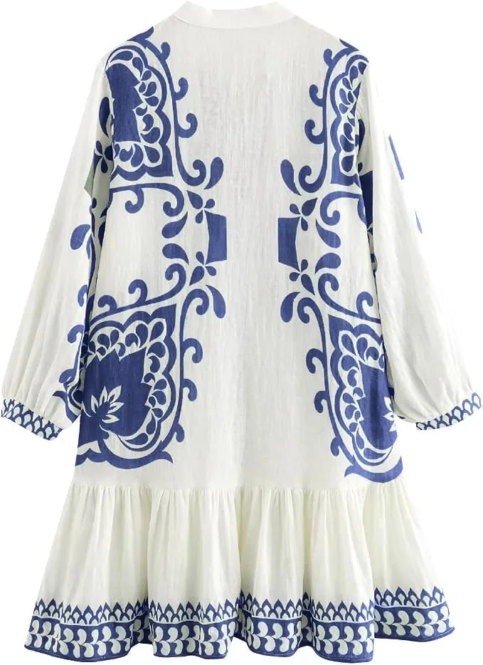 Melliflo Women's Bohemian Dress Casual Vacation Long Sleeve V Neck Dresses Summer Spring Floral Print Mini Dress