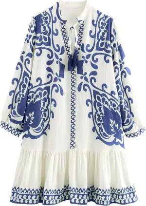 Melliflo Women's Bohemian Dress Casual Vacation Long Sleeve V Neck Dresses Summer Spring Floral Print Mini Dress