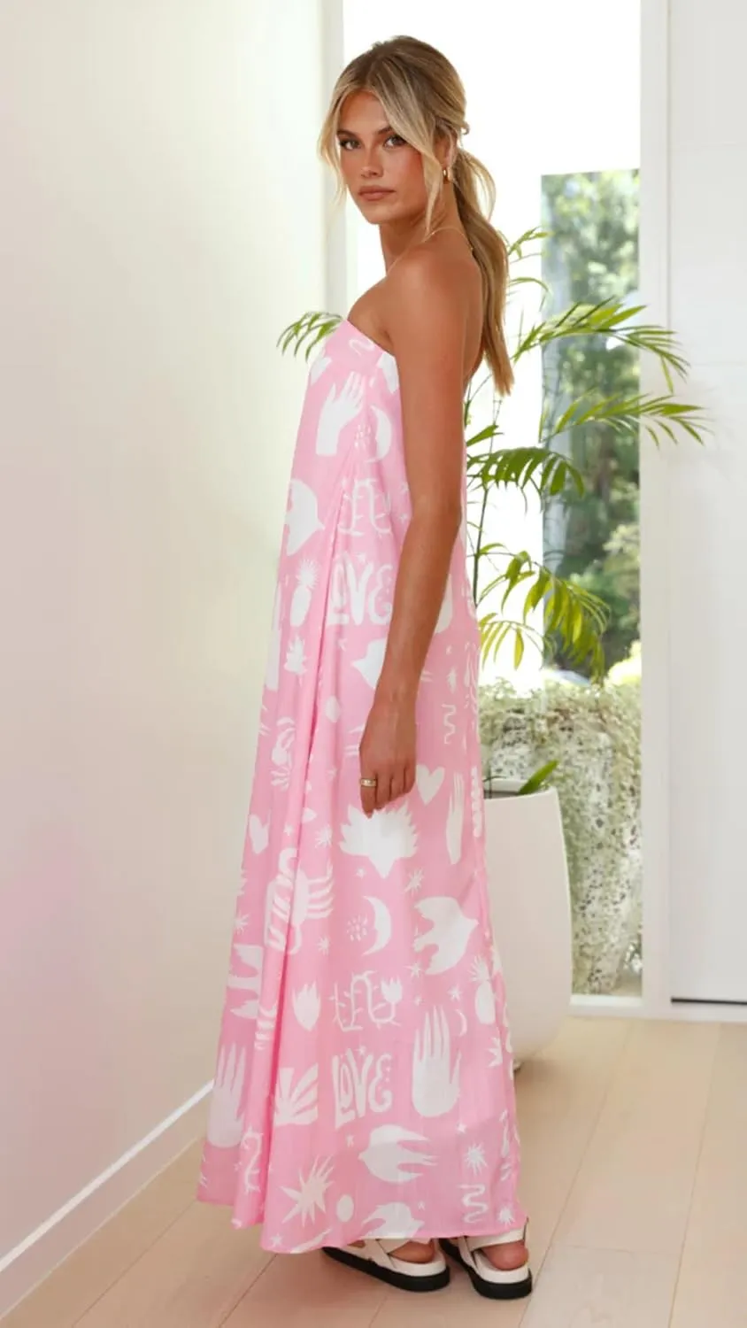 Melliflo Womens Strapless Maxi Tube Dresses 2025 Summer Sleeveless Cute Print Swing Boho Beach Sundress Vacation Outfits