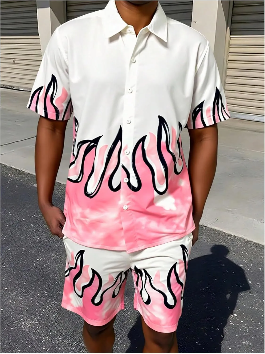 Men's 2 Piece Short Set Short Sleeve Button Up Shirt and Angel Graphic Shorts Tracksuits