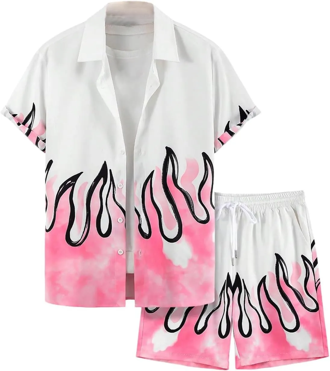 Men's 2 Piece Short Set Short Sleeve Button Up Shirt and Angel Graphic Shorts Tracksuits
