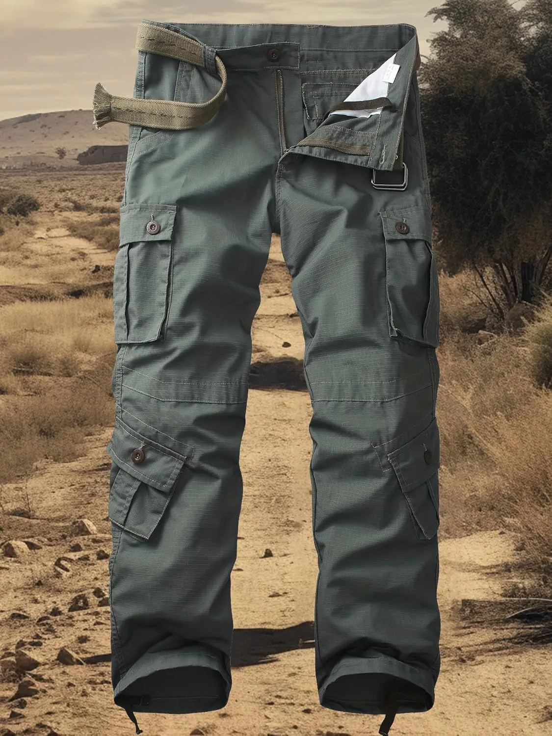 Men's Camo Cargo Work Pants Ripstop Lightweight Wild Army Military BDU Outdoor Trousers with 8 Pocktets (No Belt)
