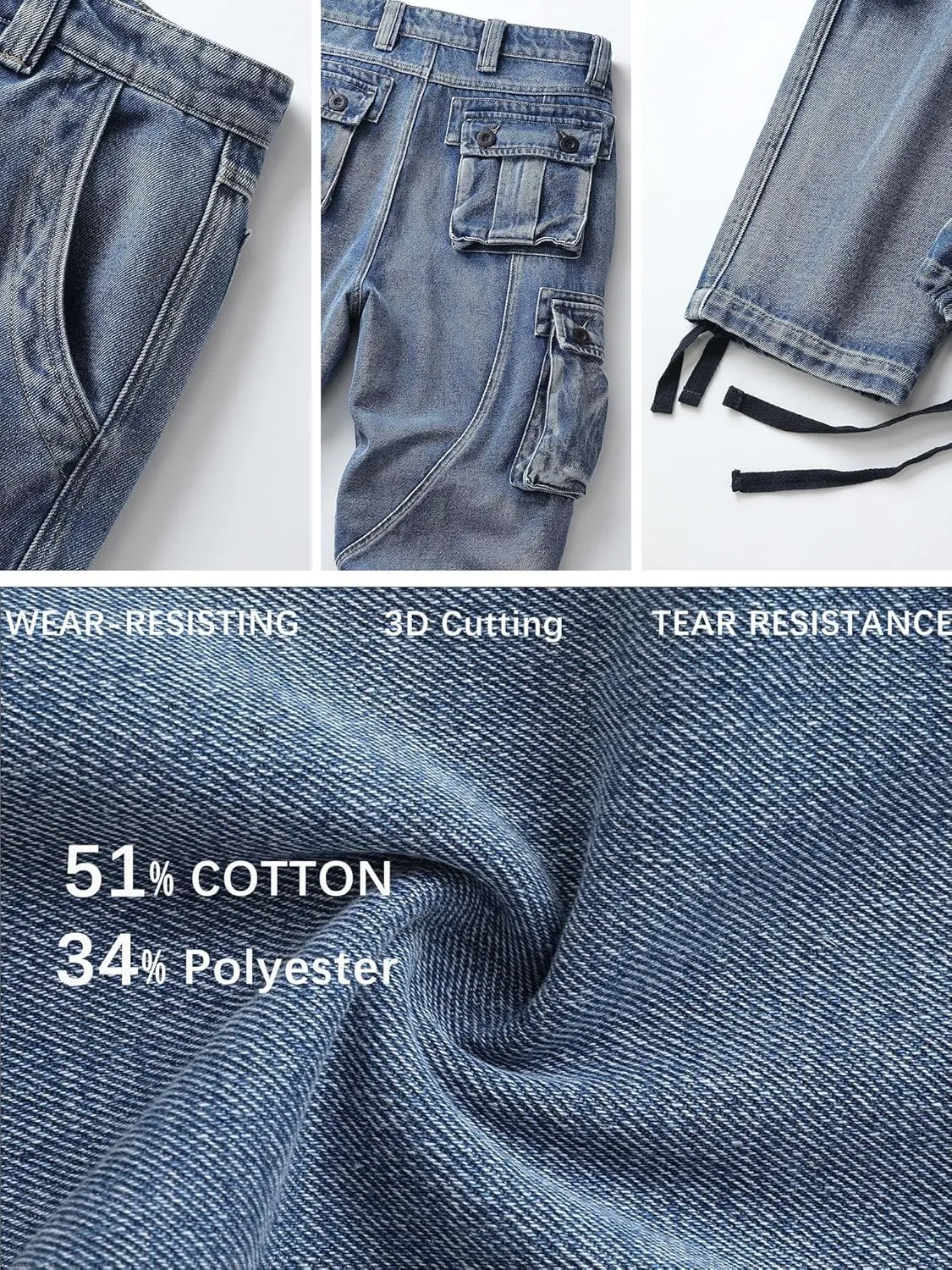 Men's Cargo Work Jeans Cotton Casual Ripstop Outdoor Trousers with Multi Pockets