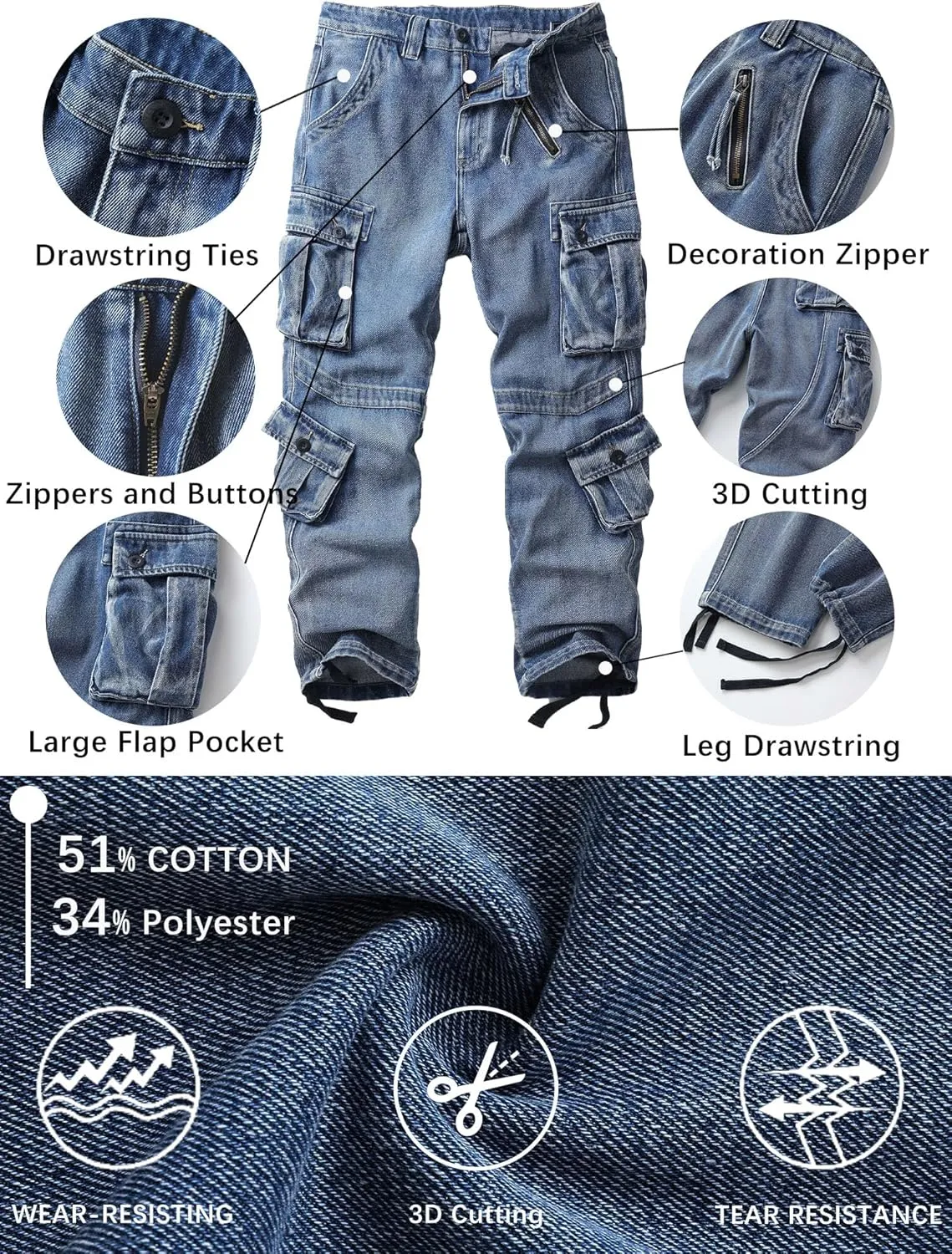 Men's Cargo Work Jeans Cotton Casual Ripstop Outdoor Trousers with Multi Pockets
