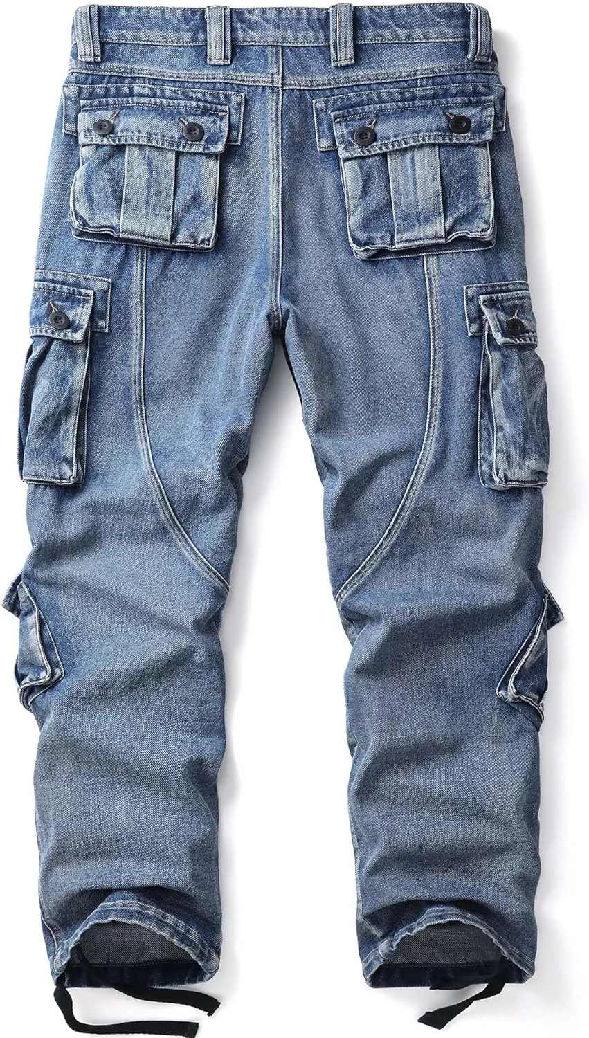 Men's Cargo Work Jeans Cotton Casual Ripstop Outdoor Trousers with Multi Pockets