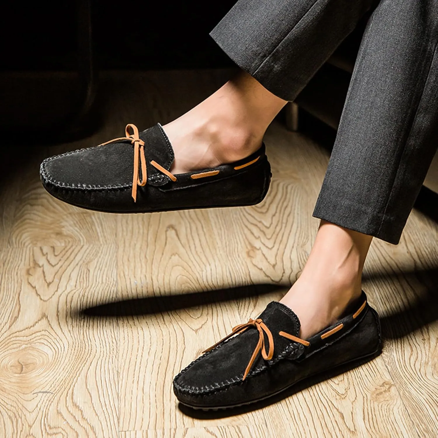 Men's Genuine Leather Moccasins Penny Loafers Casual Lace Up Slip On Gommino Flat Driving Shoes Comfort Dress Boat Shoes