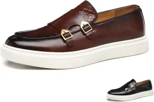 Men's Pattern Leather Double Monk Buckle Slip On Loafers Classic Round Toe Low Top Non-Slip Fashion Sneakers Luxury Casual Business Dress Shoes