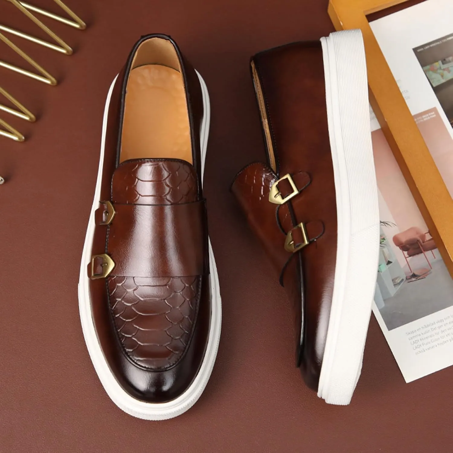 Men's Pattern Leather Double Monk Buckle Slip On Loafers Classic Round Toe Low Top Non-Slip Fashion Sneakers Luxury Casual Business Dress Shoes