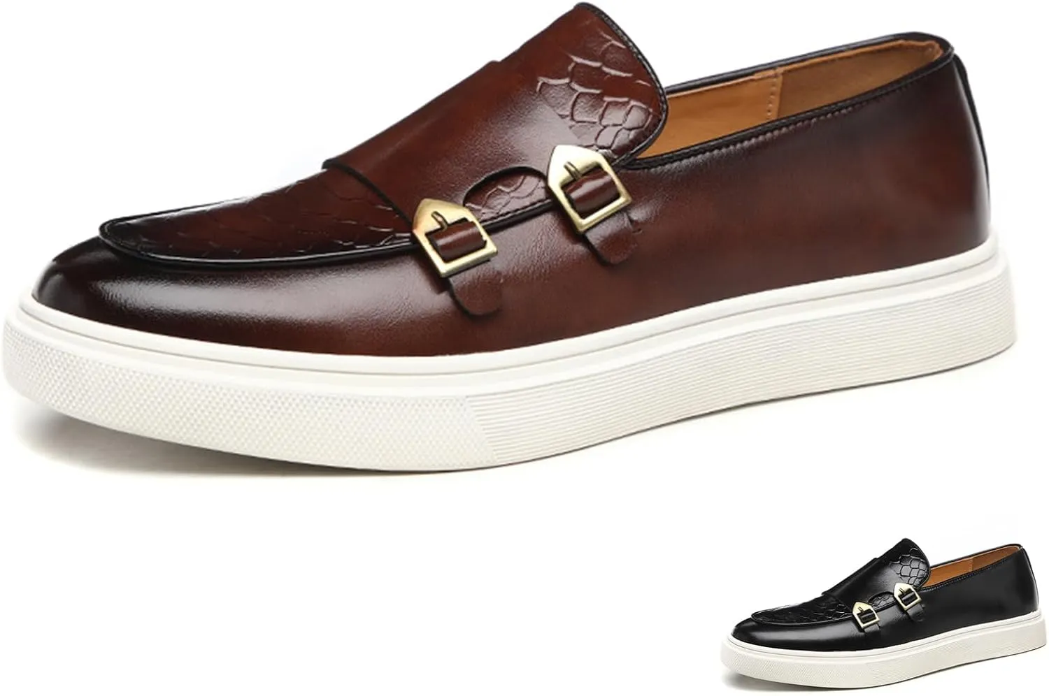 Men's Pattern Leather Double Monk Buckle Slip On Loafers Classic Round Toe Low Top Non-Slip Fashion Sneakers Luxury Casual Business Dress Shoes