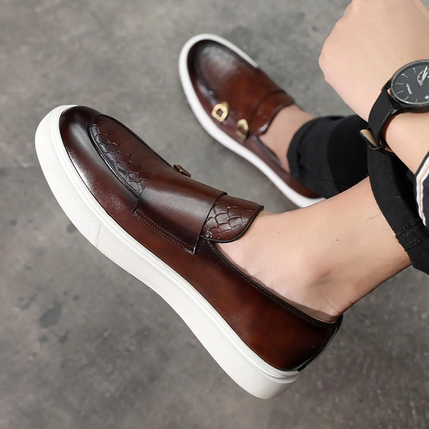 Men's Pattern Leather Double Monk Buckle Slip On Loafers Classic Round Toe Low Top Non-Slip Fashion Sneakers Luxury Casual Business Dress Shoes