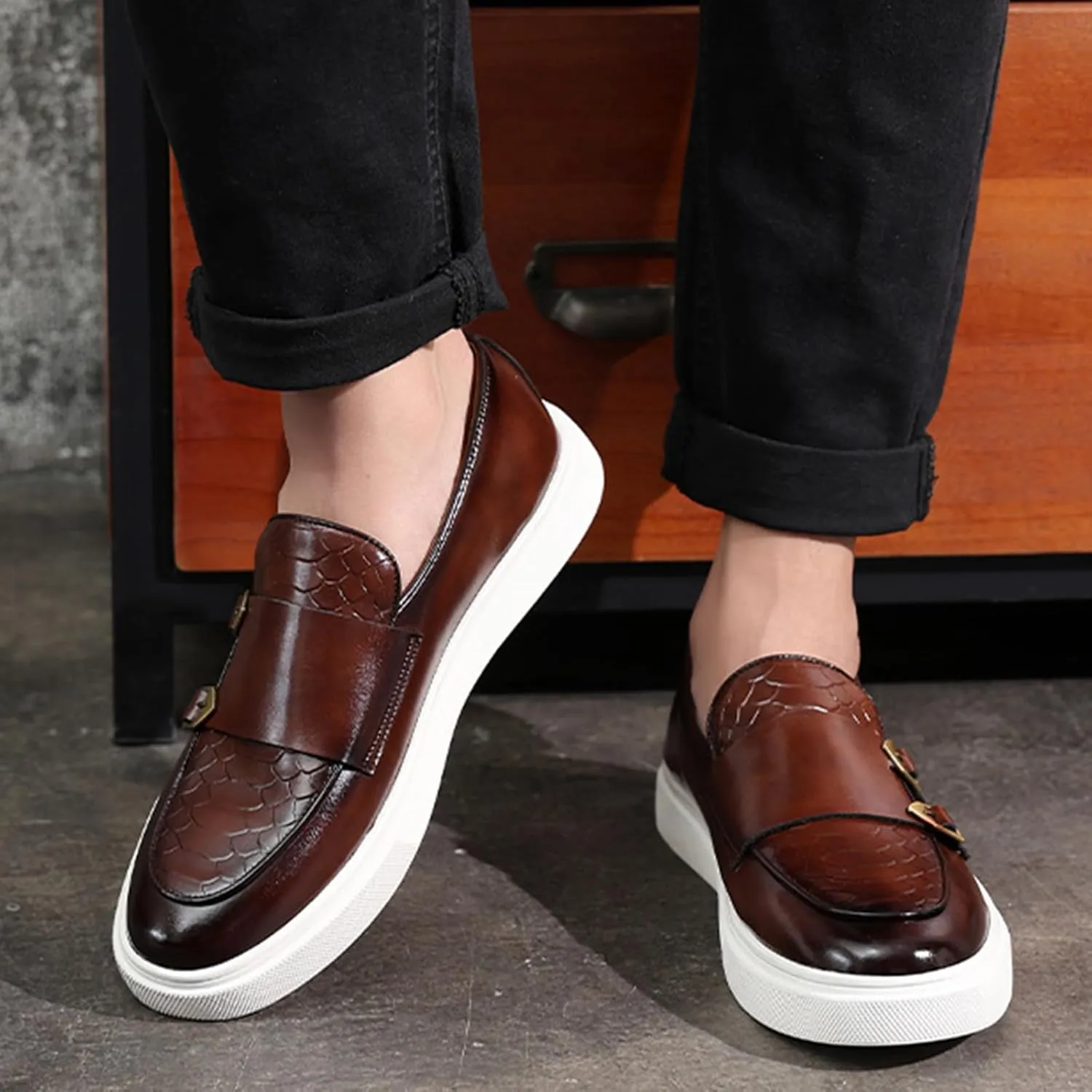 Men's Pattern Leather Double Monk Buckle Slip On Loafers Classic Round Toe Low Top Non-Slip Fashion Sneakers Luxury Casual Business Dress Shoes