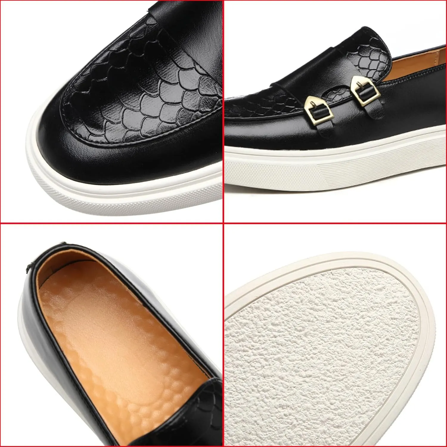 Men's Pattern Leather Double Monk Buckle Slip On Loafers Classic Round Toe Low Top Non-Slip Fashion Sneakers Luxury Casual Business Dress Shoes