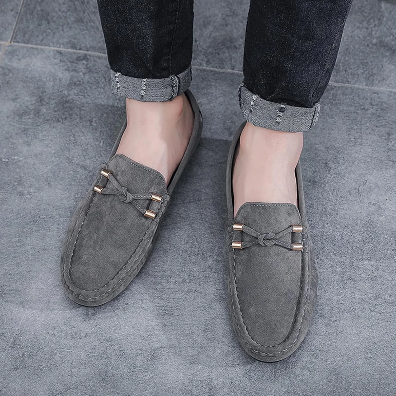 Men's Suede Leather Moccasins Penny Loafers Casual Round Toe Slip On Gommino Flat Driving Shoes Lightweight Comfort Dress Boat Shoes