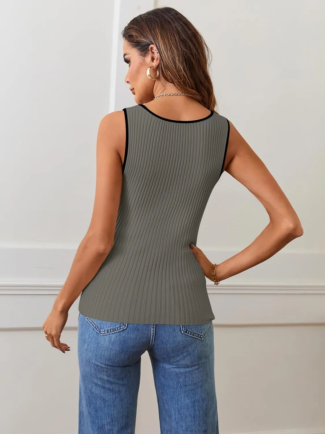 MEROKEETY Women's 2025 Sleeveless Ribbed Tank Tops Summer Square Neck Slim Fitted Color Block Basic Knit Tee Shirts