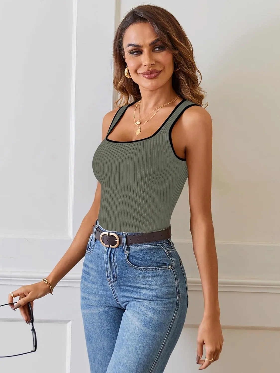 MEROKEETY Women's 2025 Sleeveless Ribbed Tank Tops Summer Square Neck Slim Fitted Color Block Basic Knit Tee Shirts