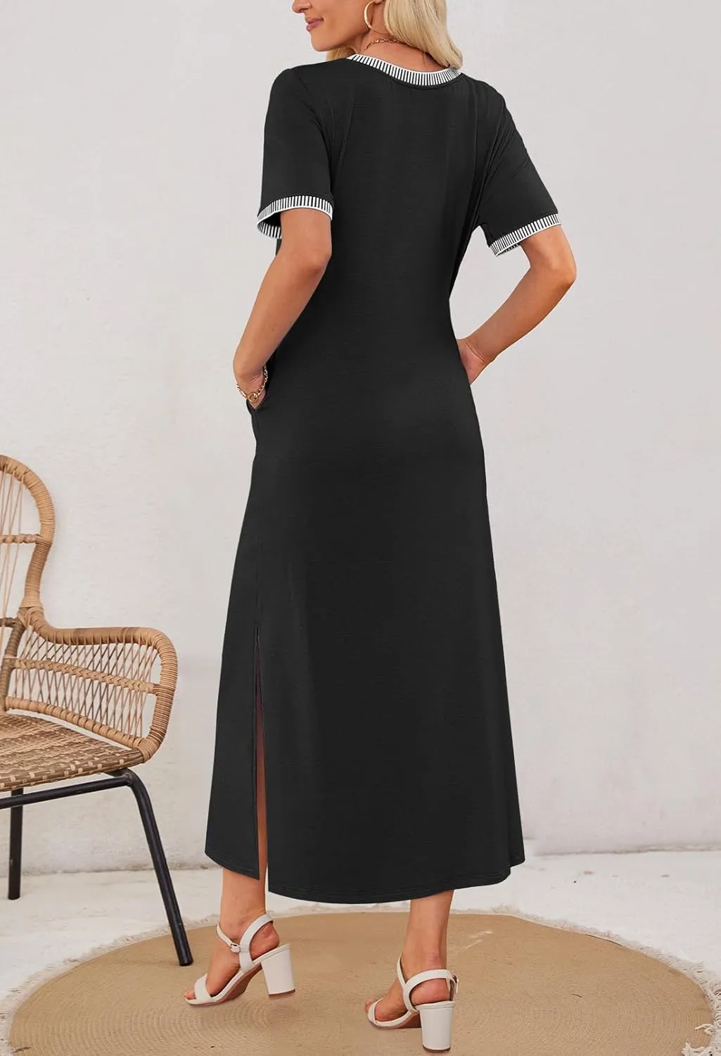 MEROKEETY Women's 2025 Summer Casual Maxi Dress Spring Beach Vacation Short Sleeve Crewneck Split Midi T Shirt Dresses