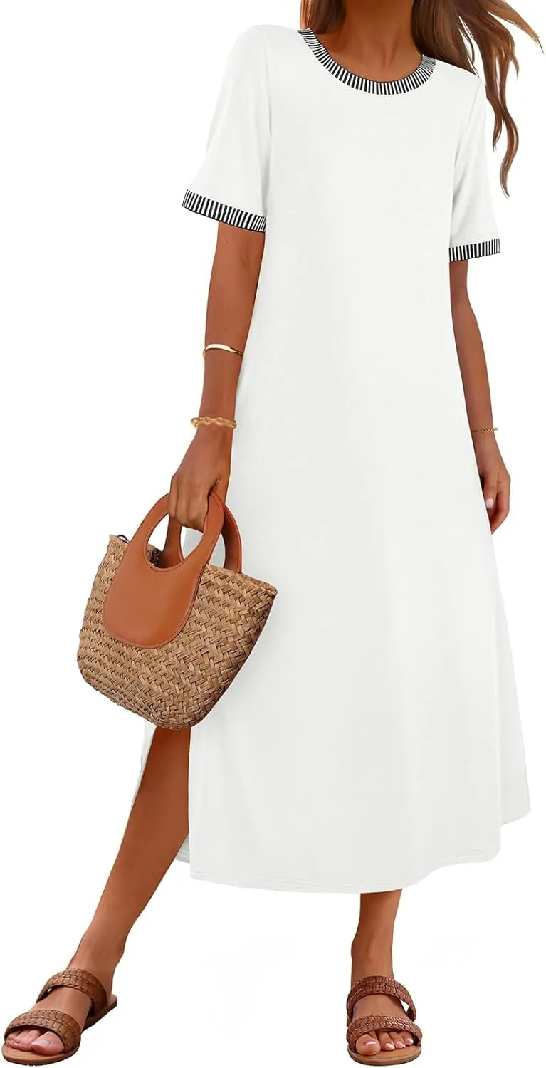MEROKEETY Women's 2025 Summer Casual Maxi Dress Spring Beach Vacation Short Sleeve Crewneck Split Midi T Shirt Dresses