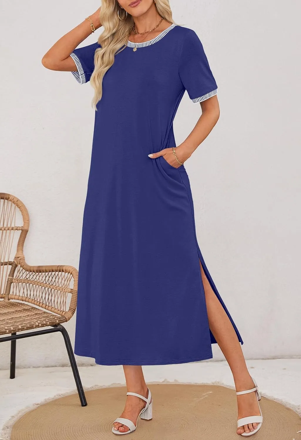 MEROKEETY Women's 2025 Summer Casual Maxi Dress Spring Beach Vacation Short Sleeve Crewneck Split Midi T Shirt Dresses