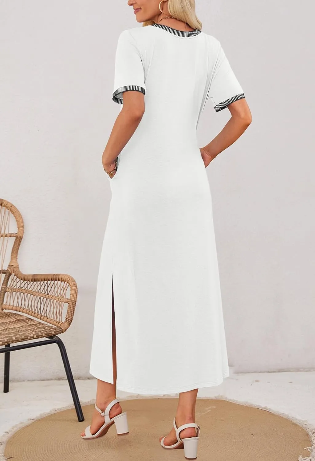 MEROKEETY Women's 2025 Summer Casual Maxi Dress Spring Beach Vacation Short Sleeve Crewneck Split Midi T Shirt Dresses