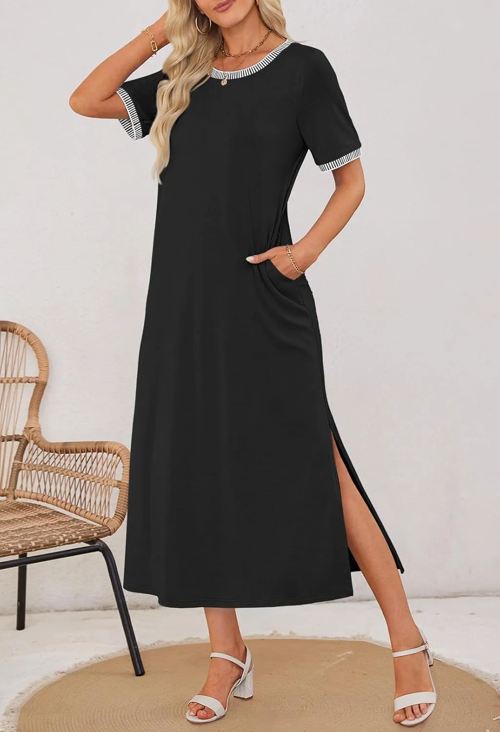MEROKEETY Women's 2025 Summer Casual Maxi Dress Spring Beach Vacation Short Sleeve Crewneck Split Midi T Shirt Dresses