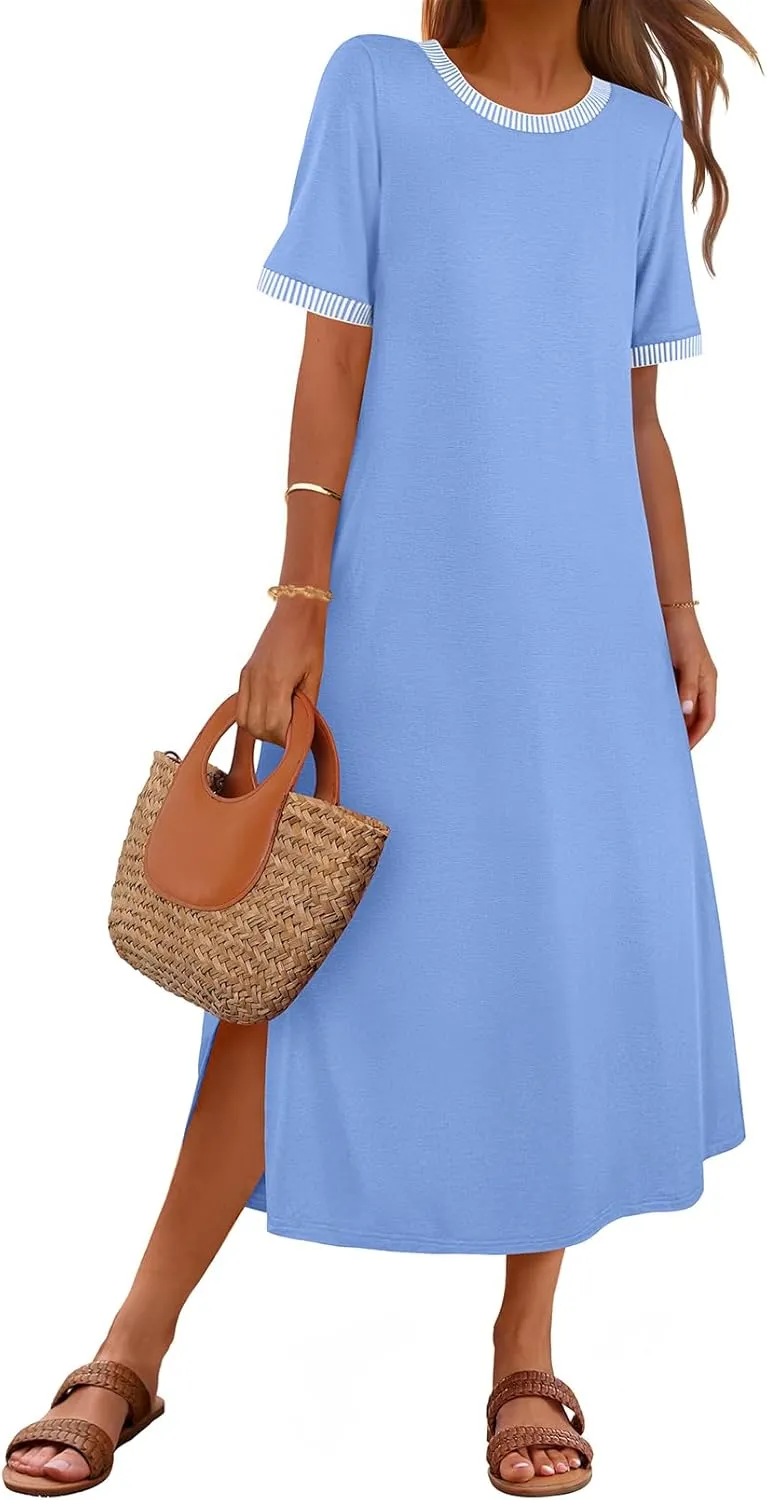 MEROKEETY Women's 2025 Summer Casual Maxi Dress Spring Beach Vacation Short Sleeve Crewneck Split Midi T Shirt Dresses