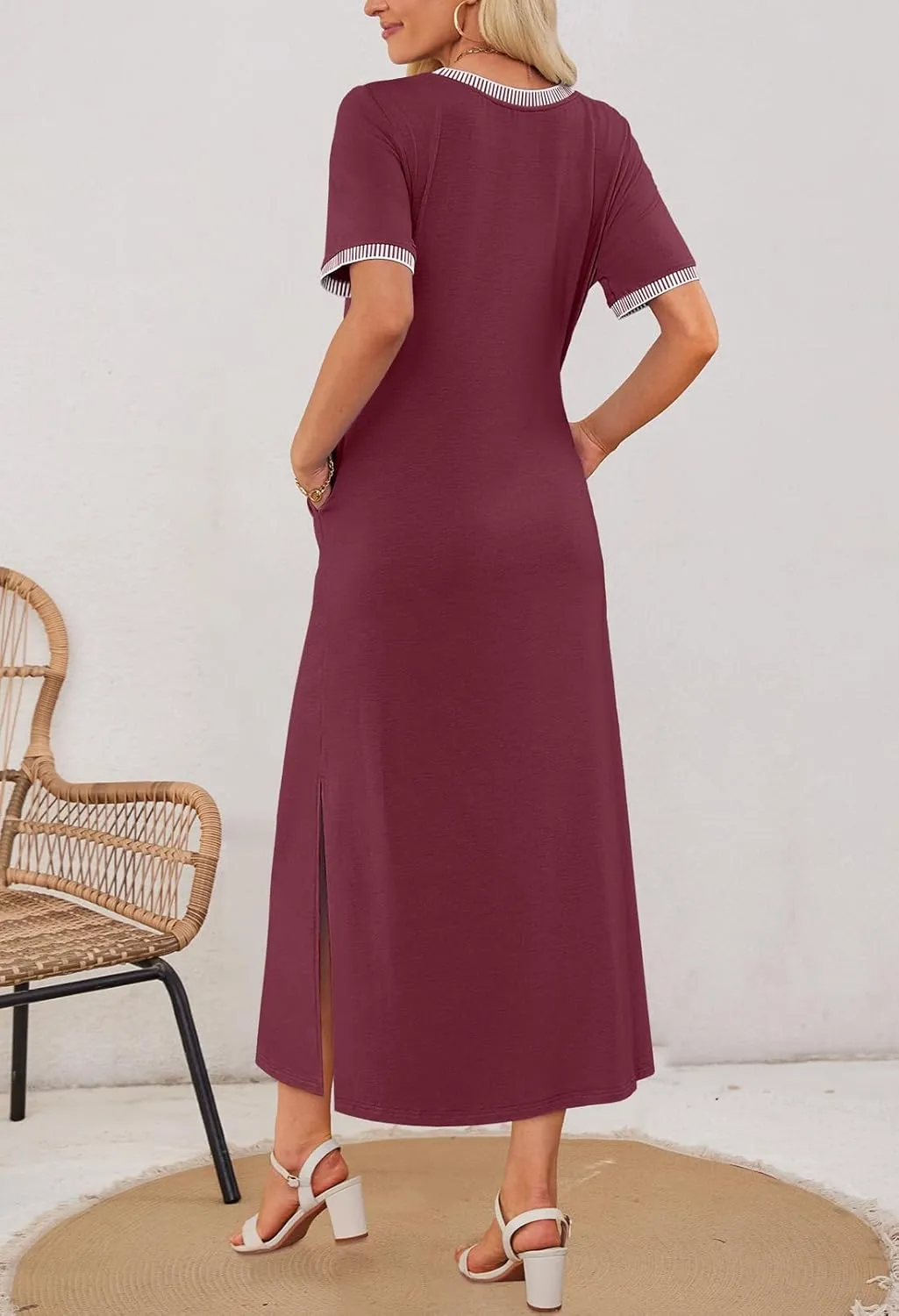 MEROKEETY Women's 2025 Summer Casual Maxi Dress Spring Beach Vacation Short Sleeve Crewneck Split Midi T Shirt Dresses