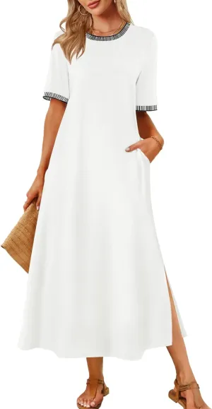 MEROKEETY Women's 2025 Summer Casual Maxi Dress Spring Beach Vacation Short Sleeve Crewneck Split Midi T Shirt Dresses