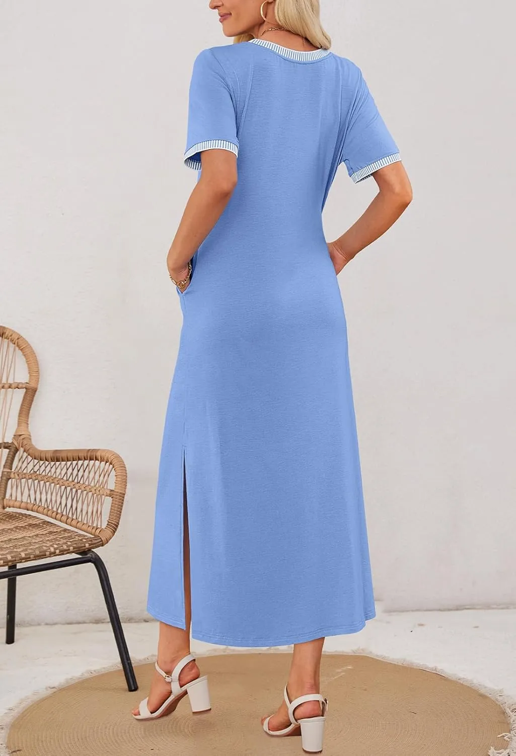 MEROKEETY Women's 2025 Summer Casual Maxi Dress Spring Beach Vacation Short Sleeve Crewneck Split Midi T Shirt Dresses