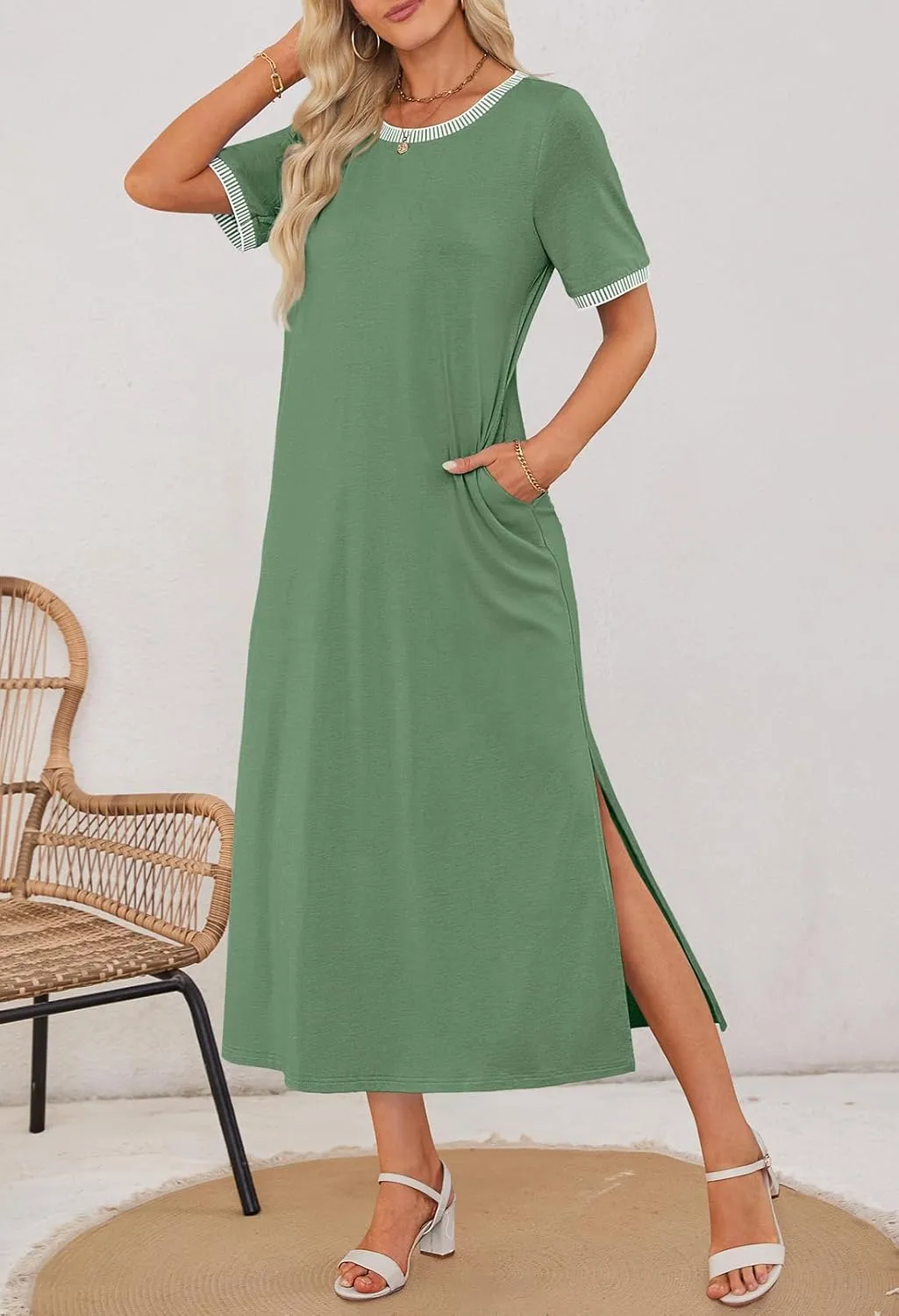 MEROKEETY Women's 2025 Summer Casual Maxi Dress Spring Beach Vacation Short Sleeve Crewneck Split Midi T Shirt Dresses