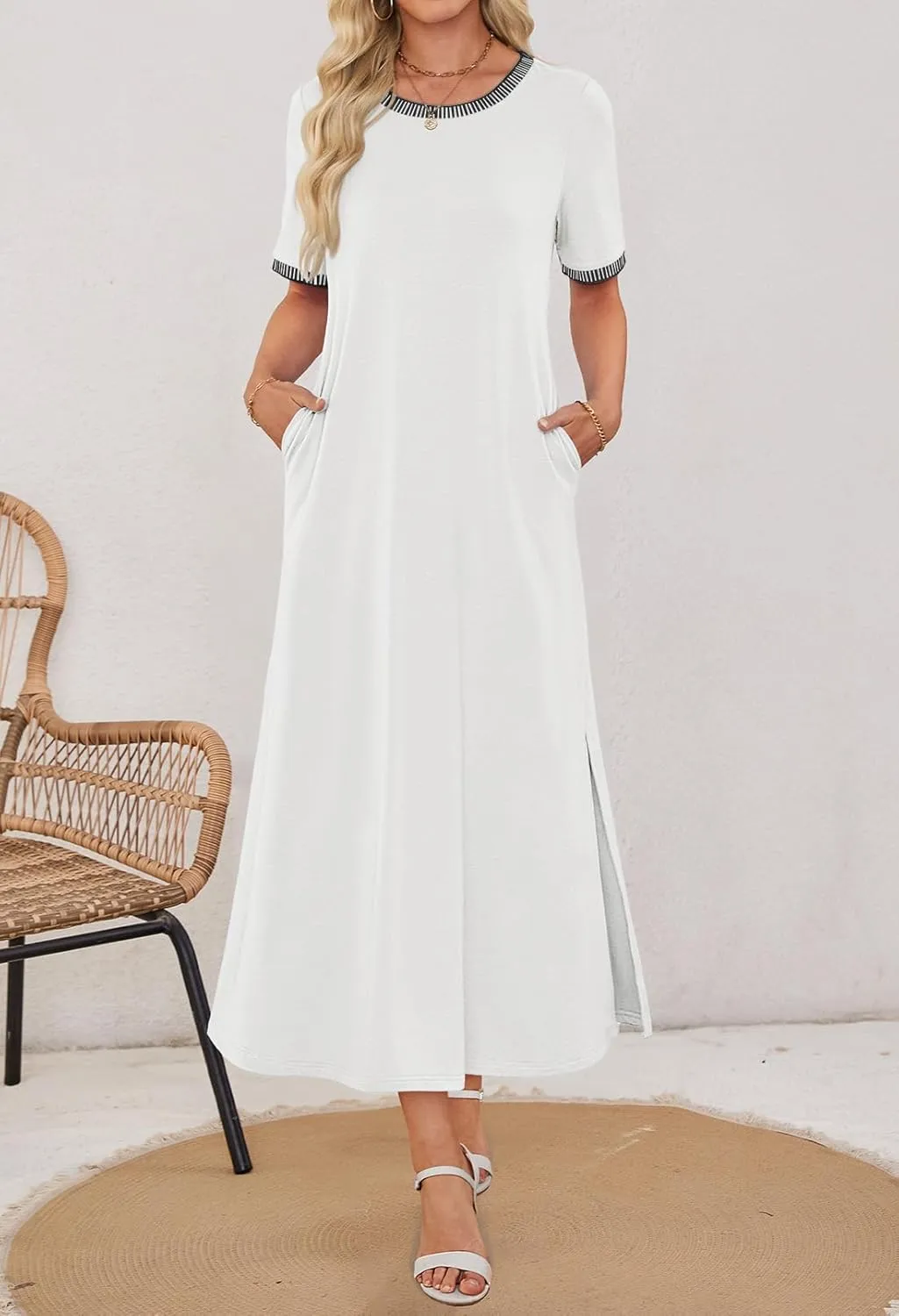 MEROKEETY Women's 2025 Summer Casual Maxi Dress Spring Beach Vacation Short Sleeve Crewneck Split Midi T Shirt Dresses