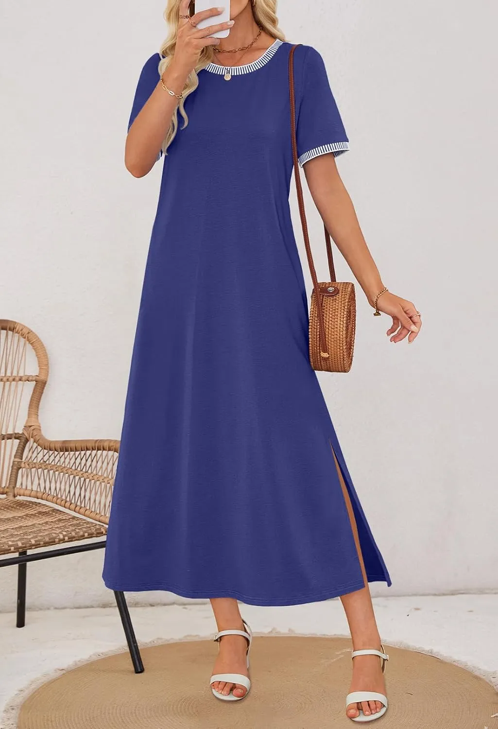 MEROKEETY Women's 2025 Summer Casual Maxi Dress Spring Beach Vacation Short Sleeve Crewneck Split Midi T Shirt Dresses