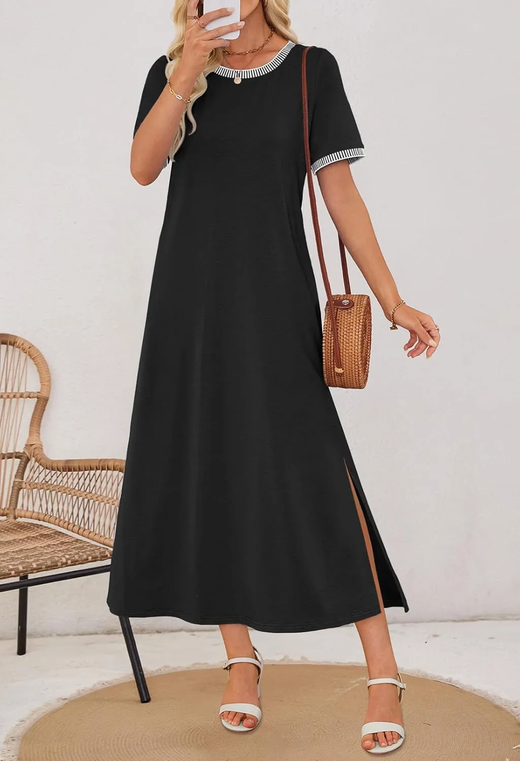 MEROKEETY Women's 2025 Summer Casual Maxi Dress Spring Beach Vacation Short Sleeve Crewneck Split Midi T Shirt Dresses