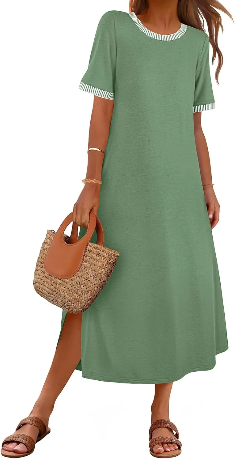 MEROKEETY Women's 2025 Summer Casual Maxi Dress Spring Beach Vacation Short Sleeve Crewneck Split Midi T Shirt Dresses