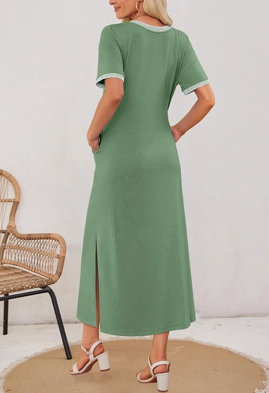 MEROKEETY Women's 2025 Summer Casual Maxi Dress Spring Beach Vacation Short Sleeve Crewneck Split Midi T Shirt Dresses
