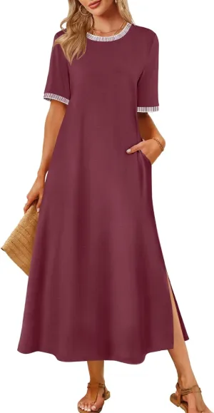 MEROKEETY Women's 2025 Summer Casual Maxi Dress Spring Beach Vacation Short Sleeve Crewneck Split Midi T Shirt Dresses