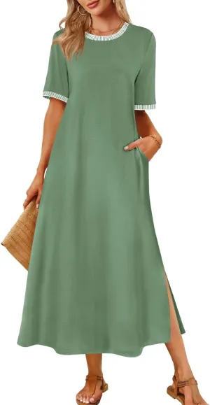 MEROKEETY Women's 2025 Summer Casual Maxi Dress Spring Beach Vacation Short Sleeve Crewneck Split Midi T Shirt Dresses