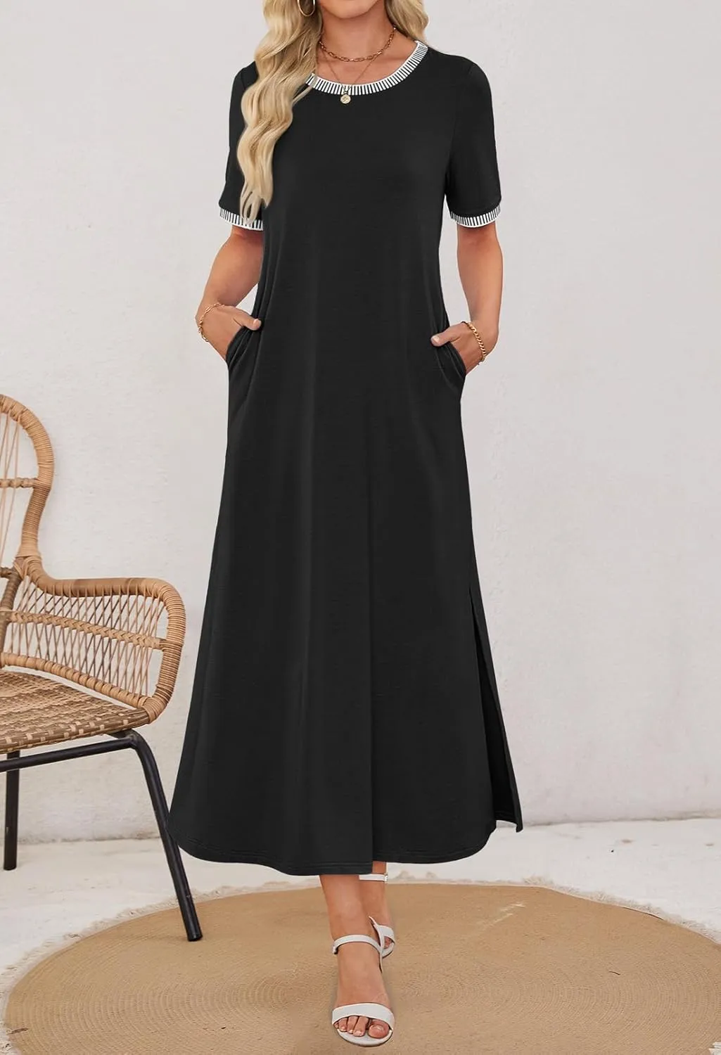 MEROKEETY Women's 2025 Summer Casual Maxi Dress Spring Beach Vacation Short Sleeve Crewneck Split Midi T Shirt Dresses