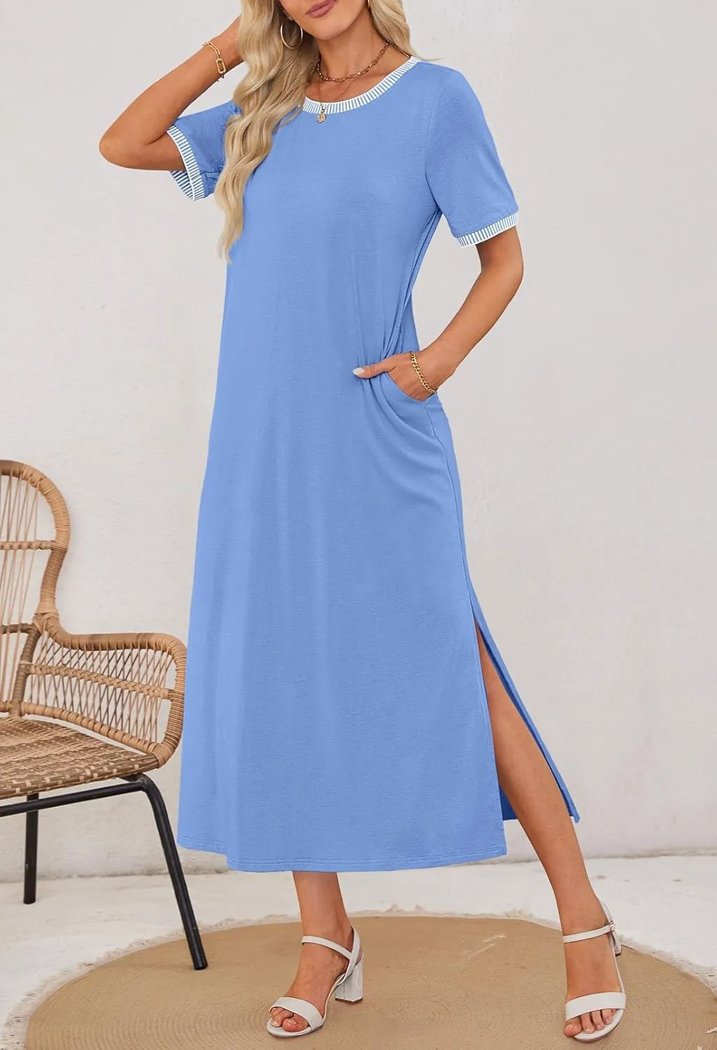 MEROKEETY Women's 2025 Summer Casual Maxi Dress Spring Beach Vacation Short Sleeve Crewneck Split Midi T Shirt Dresses
