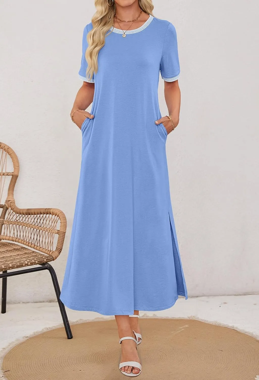 MEROKEETY Women's 2025 Summer Casual Maxi Dress Spring Beach Vacation Short Sleeve Crewneck Split Midi T Shirt Dresses