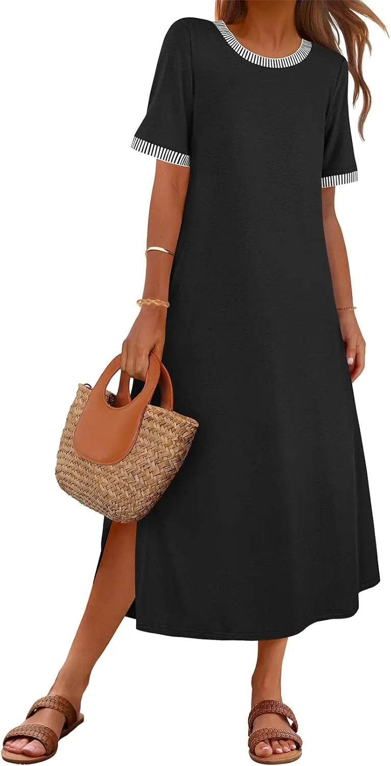 MEROKEETY Women's 2025 Summer Casual Maxi Dress Spring Beach Vacation Short Sleeve Crewneck Split Midi T Shirt Dresses