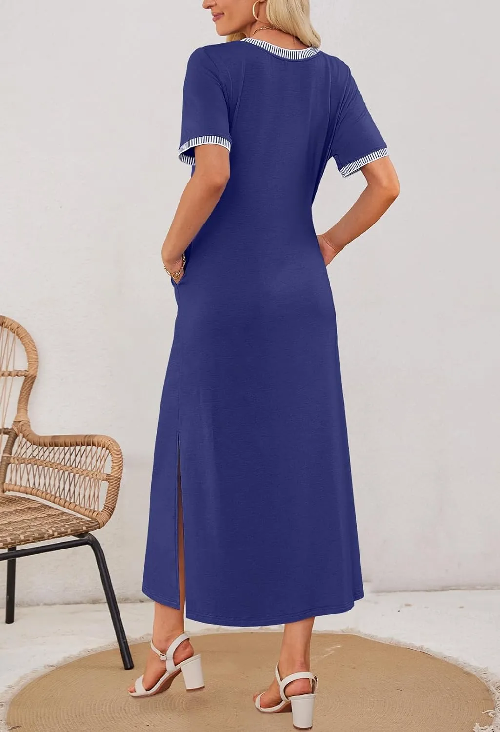 MEROKEETY Women's 2025 Summer Casual Maxi Dress Spring Beach Vacation Short Sleeve Crewneck Split Midi T Shirt Dresses