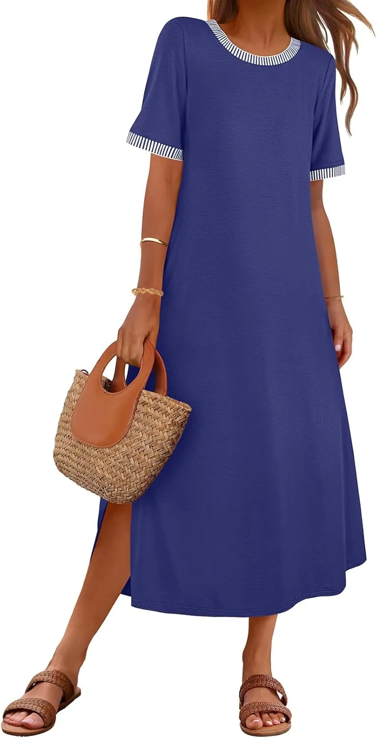 MEROKEETY Women's 2025 Summer Casual Maxi Dress Spring Beach Vacation Short Sleeve Crewneck Split Midi T Shirt Dresses