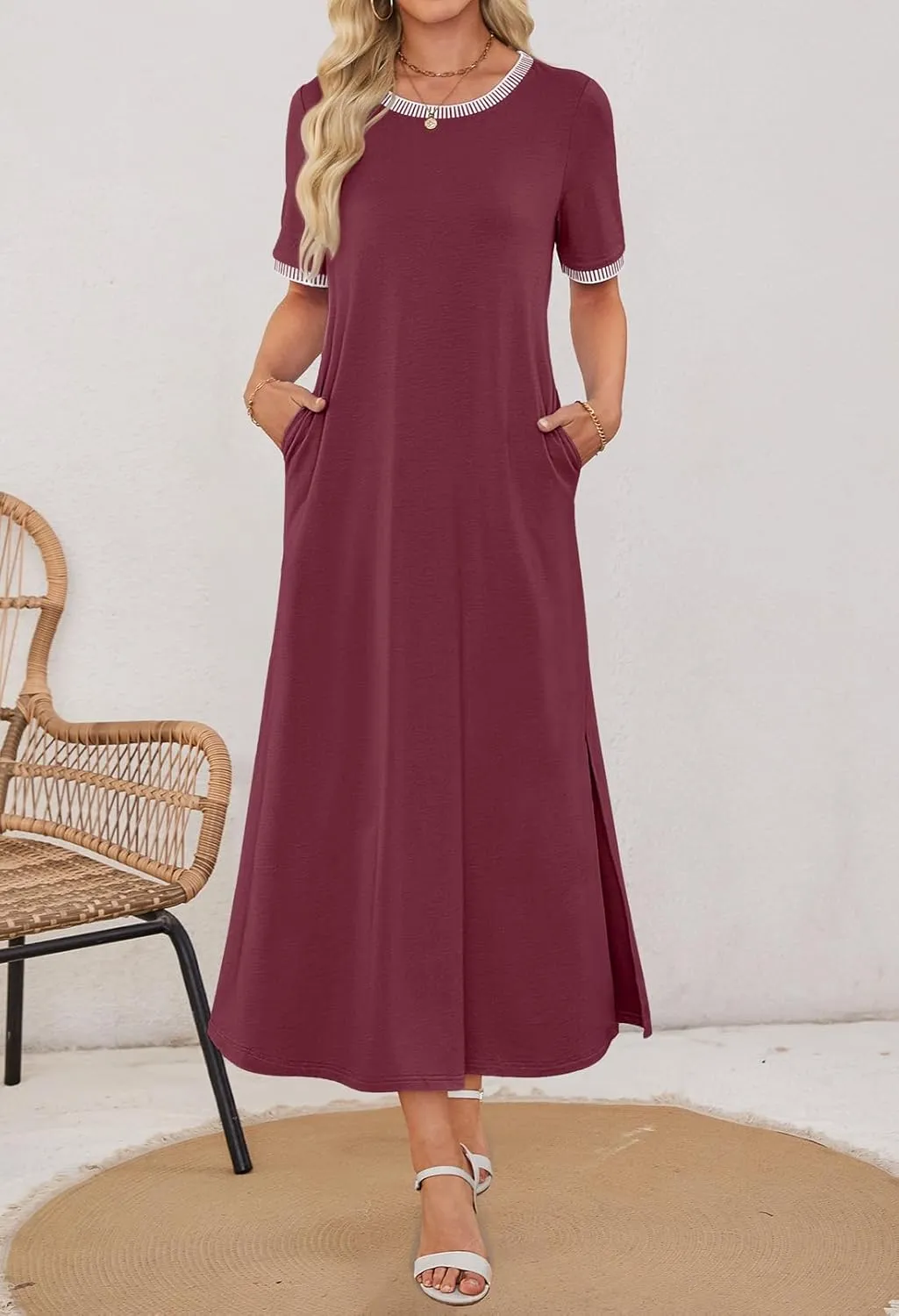 MEROKEETY Women's 2025 Summer Casual Maxi Dress Spring Beach Vacation Short Sleeve Crewneck Split Midi T Shirt Dresses