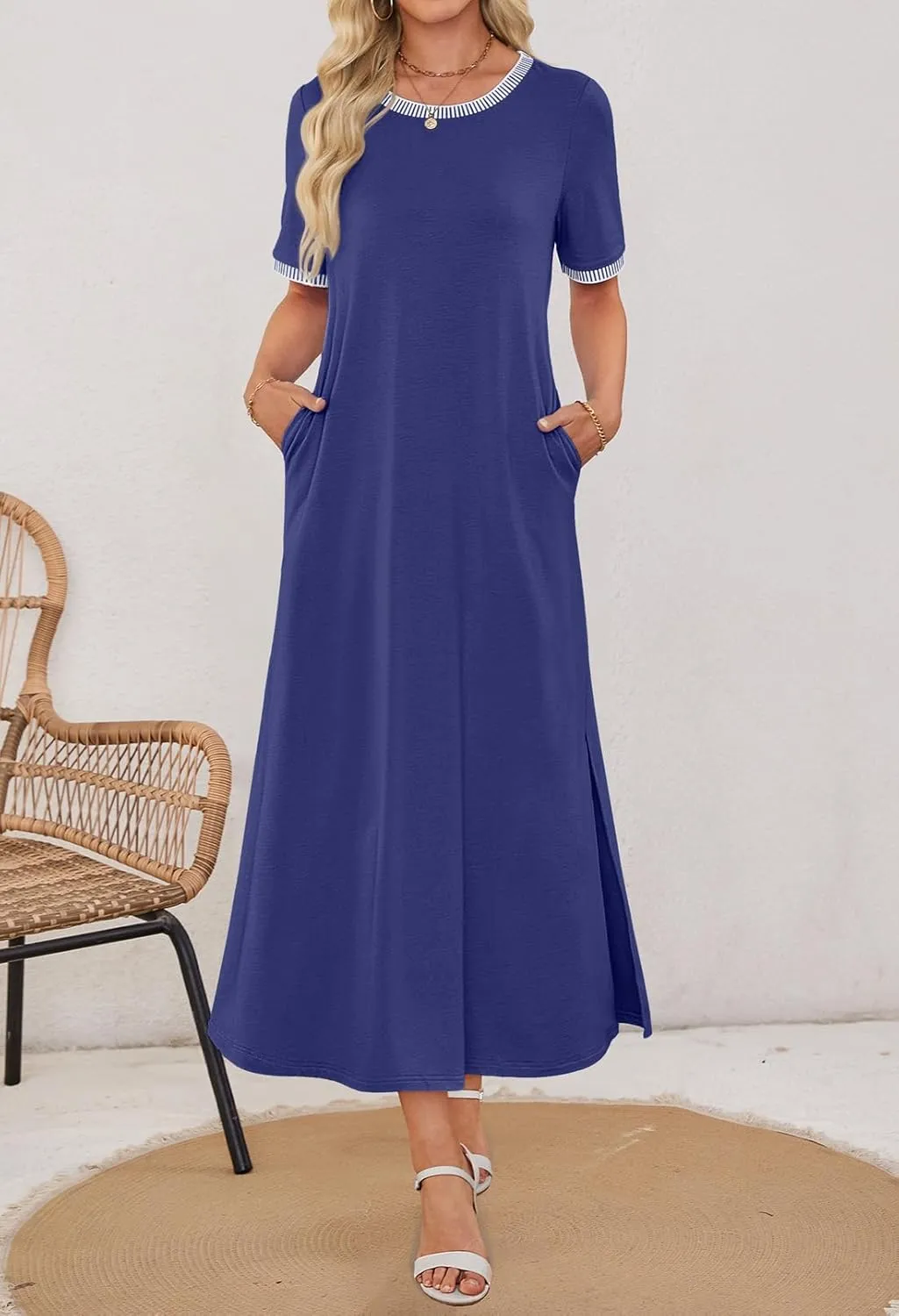 MEROKEETY Women's 2025 Summer Casual Maxi Dress Spring Beach Vacation Short Sleeve Crewneck Split Midi T Shirt Dresses