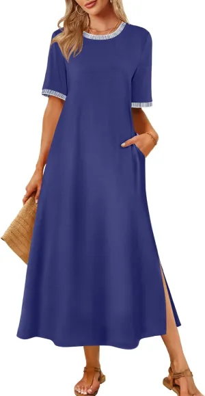 MEROKEETY Women's 2025 Summer Casual Maxi Dress Spring Beach Vacation Short Sleeve Crewneck Split Midi T Shirt Dresses
