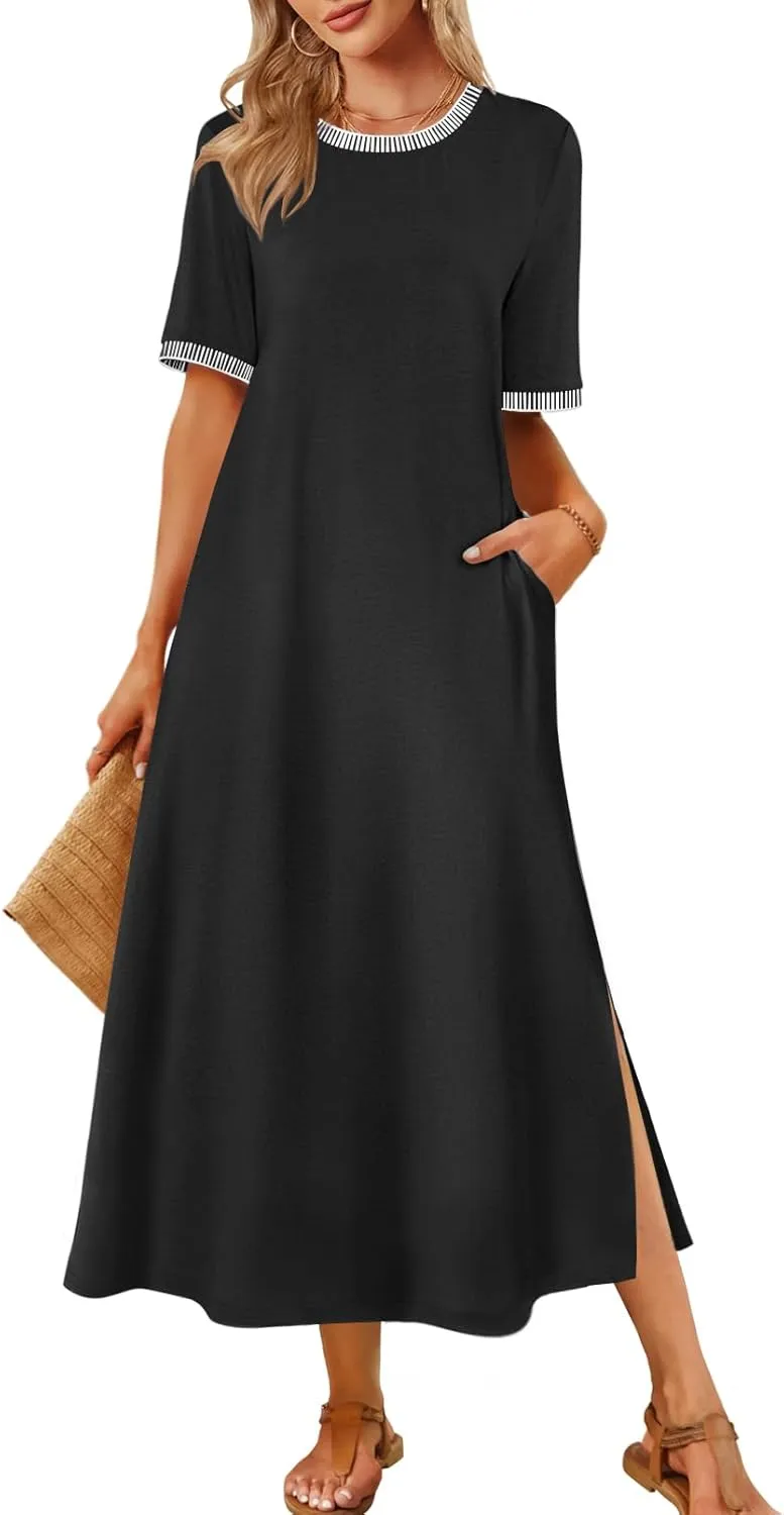 MEROKEETY Women's 2025 Summer Casual Maxi Dress Spring Beach Vacation Short Sleeve Crewneck Split Midi T Shirt Dresses