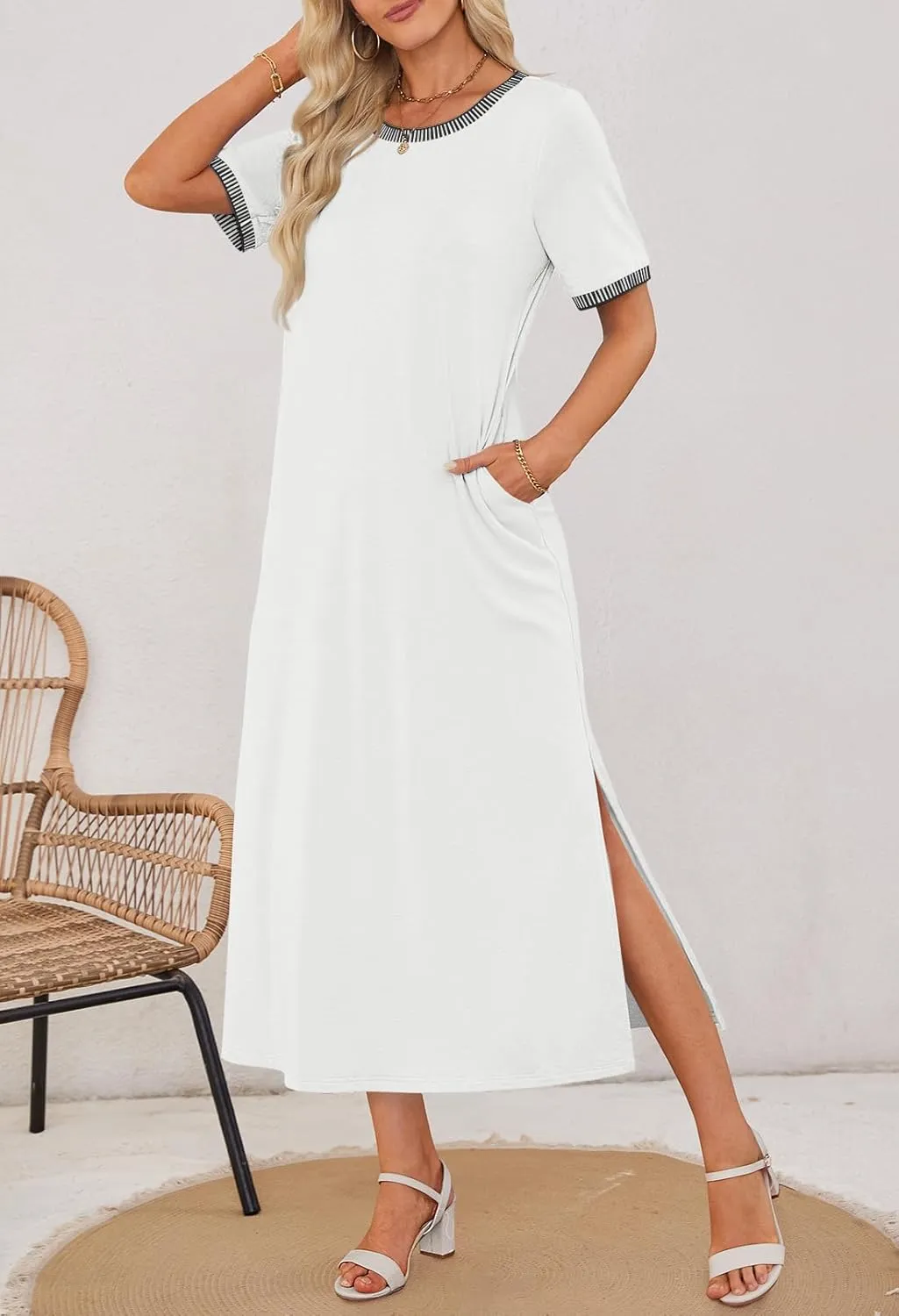 MEROKEETY Women's 2025 Summer Casual Maxi Dress Spring Beach Vacation Short Sleeve Crewneck Split Midi T Shirt Dresses