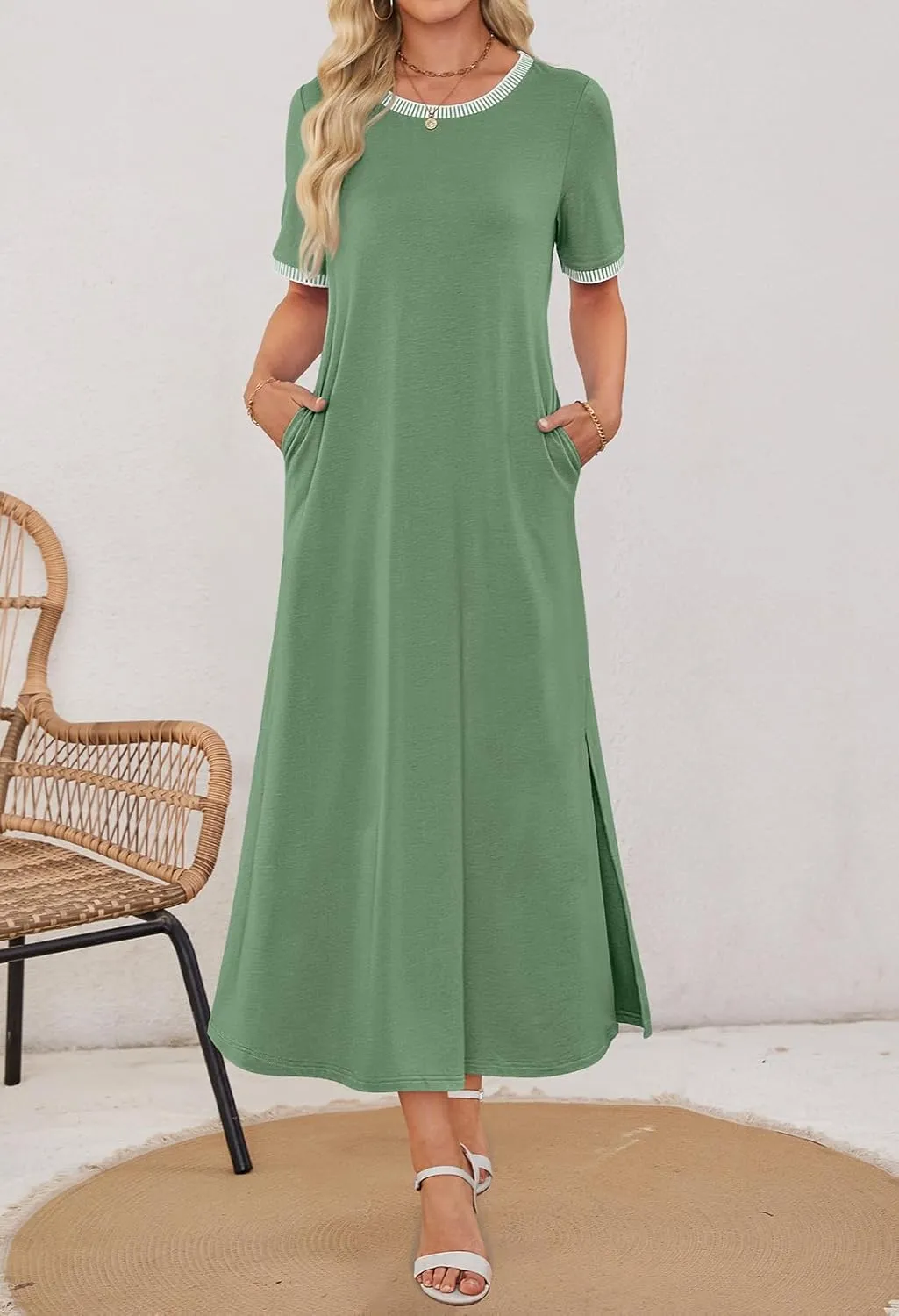 MEROKEETY Women's 2025 Summer Casual Maxi Dress Spring Beach Vacation Short Sleeve Crewneck Split Midi T Shirt Dresses